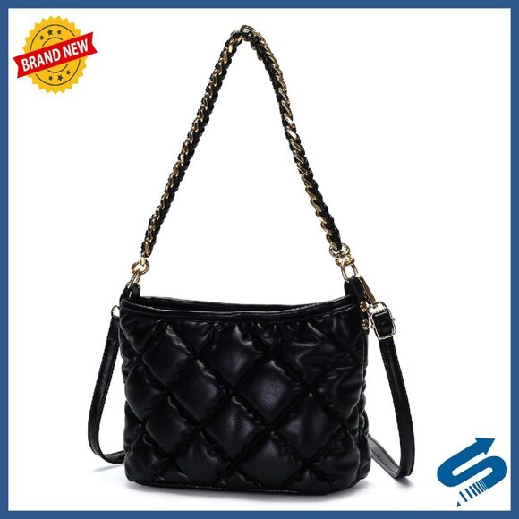 Handbags - Quilted PU Leather Crossbody Shoulder Bag with Top Handle, 9.5x4.5x6.3